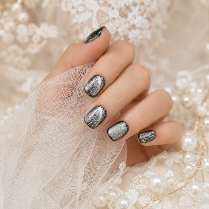 Black Silver Cat Eye Press On Nails | Handmade Reusable Short Square Nails by AMBERÉA