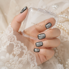 Black Silver Cat Eye Press On Nails | Handmade Reusable Short Square Nails by AMBERÉA