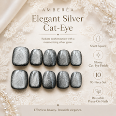 Black Silver Cat Eye Press On Nails | Handmade Reusable Short Square Nails by AMBERÉA