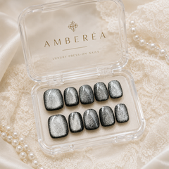 Black Silver Cat Eye Press On Nails | Handmade Reusable Short Square Nails by AMBERÉA