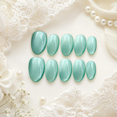 Seafoam Green Cat Eye Press On Nails | Handmade Reusable Bridal Nails by AMBERÉA