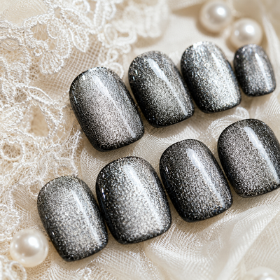 Icy Silver White Cat-Eye Press-On Nails – Almond