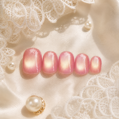 Peach Pink Gold Cat-Eye Press-On Nails – Champagne Glow
