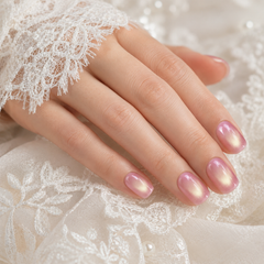 Peach Pink Gold Cat Eye Press On Nails | Handmade Reusable Short Square Nails by AMBERÉA