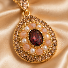 Vintage Ruby Pearl Pendant Necklace | Gold Round Charm Necklace for Women