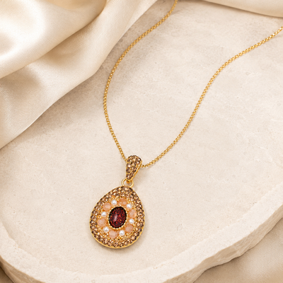 Gold-Tone Faux Pearl Ruby-Red Pendant Necklace