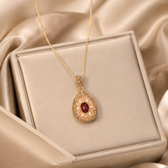 Vintage Ruby Pearl Pendant Necklace | Gold Round Charm Necklace for Women