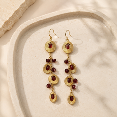 Burgundy Ruby Drop Earrings | Vintage Gold Charm Tassel Earrings for Women