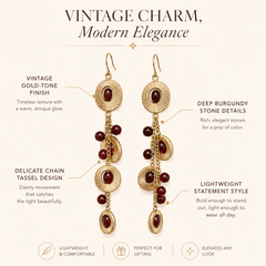 Burgundy Ruby Drop Earrings | Vintage Gold Charm Tassel Earrings for Women