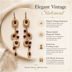 Burgundy Ruby Drop Earrings | Vintage Gold Charm Tassel Earrings for Women