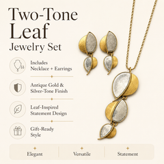 Two Tone Leaf Jewelry Set | Gold Silver Leaf Necklace and Earrings for Women