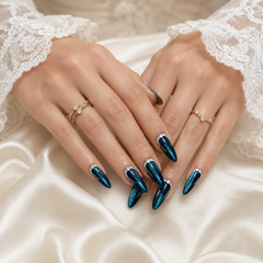 Deep Teal Rhinestone Cat Eye Press On Nails | Handmade Reusable Luxury Nails by AMBERÉA