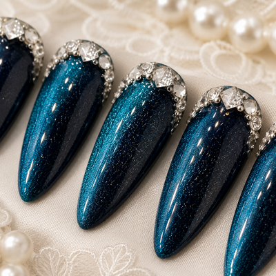Deep Teal Rhinestone Cat-Eye Press-On Nails