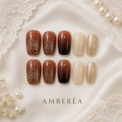 Caramel Brown Gold Glitter Press On Nails | Handmade Reusable Short Square Nails by AMBERÉA