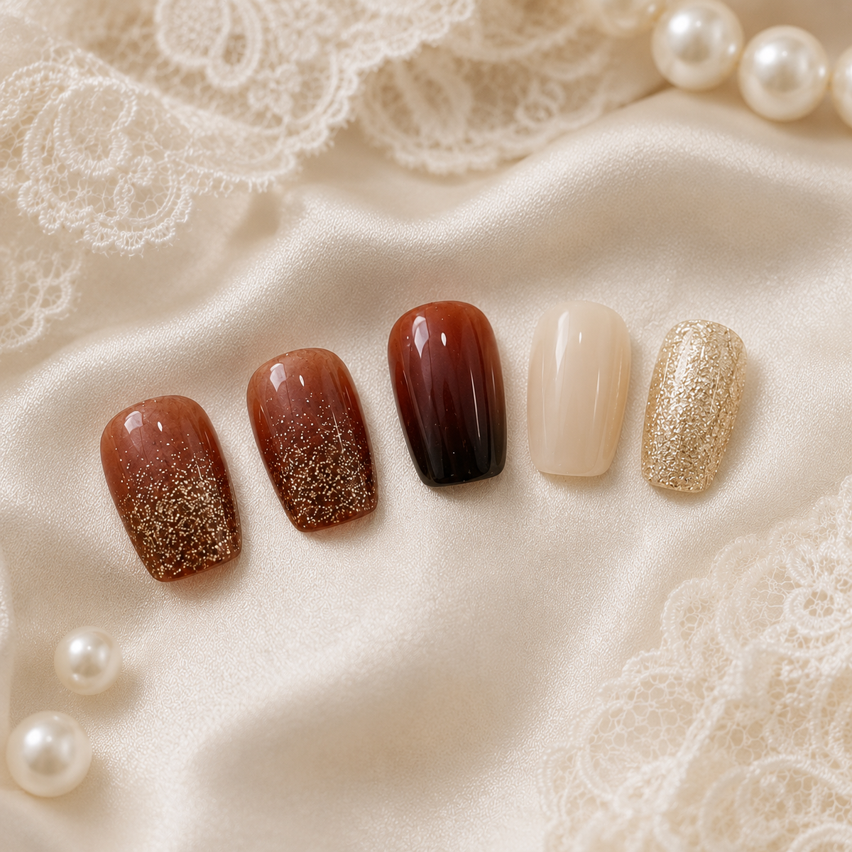Caramel Brown Gold Glitter Press On Nails | Handmade Reusable Short Square Nails by AMBERÉA