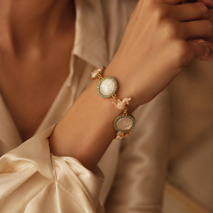 Vintage Frog Charm Cameo Bracelet | Gold Tone Turquoise Medallion Bracelet for Women