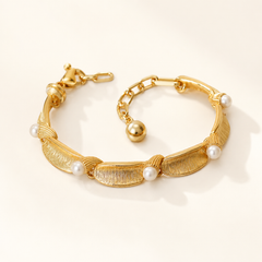 Gold Pearl Leaf Bracelet | Elegant Textured Women’s Bracelet by AMBERÉA