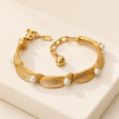 Gold Pearl Leaf Bracelet | Elegant Textured Women’s Bracelet by AMBERÉA
