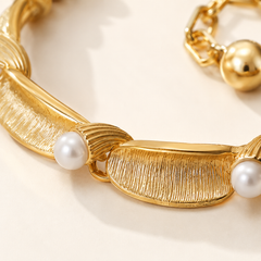 Gold Pearl Leaf Bracelet | Elegant Textured Women’s Bracelet by AMBERÉA