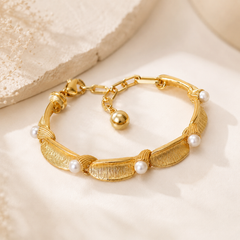 Gold Pearl Leaf Bracelet | Elegant Textured Women’s Bracelet by AMBERÉA