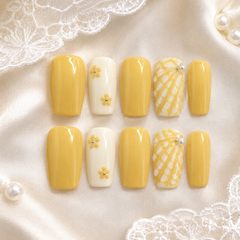 Butter Yellow Floral Press On Nails | Handmade Reusable Short Square Nails by AMBERÉA