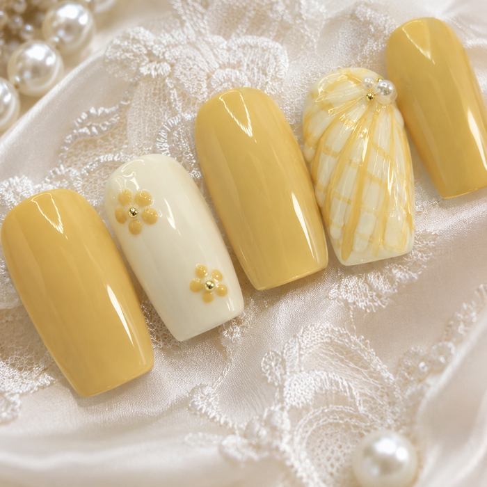 Butter Yellow Floral Press On Nails | Handmade Reusable Short Square Nails by AMBERÉA