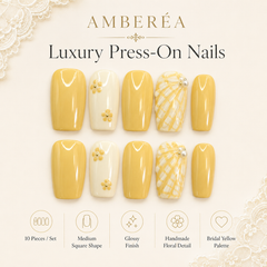 Butter Yellow Floral Press On Nails | Handmade Reusable Short Square Nails by AMBERÉA