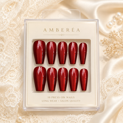 Ruby Red Cat Eye Press On Nails | Handmade Reusable Long Coffin Nails by AMBERÉA