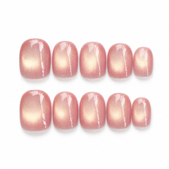 Peach Pink Gold Cat Eye Press On Nails | Handmade Reusable Short Square Nails by AMBERÉA
