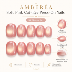 Peach Pink Gold Cat Eye Press On Nails | Handmade Reusable Short Square Nails by AMBERÉA