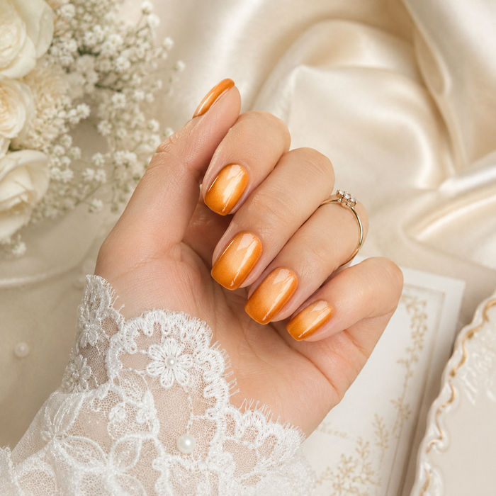 Orange Gold Cat Eye Press On Nails | Handmade Reusable Short Square Nails by AMBERÉA