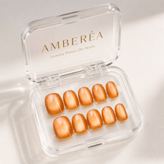 Orange Gold Cat Eye Press On Nails | Handmade Reusable Short Square Nails by AMBERÉA