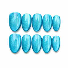 Bright Blue Cat Eye Press On Nails | Handmade Reusable Almond Nails by AMBERÉA