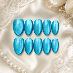 Bright Blue Cat Eye Press On Nails | Handmade Reusable Almond Nails by AMBERÉA
