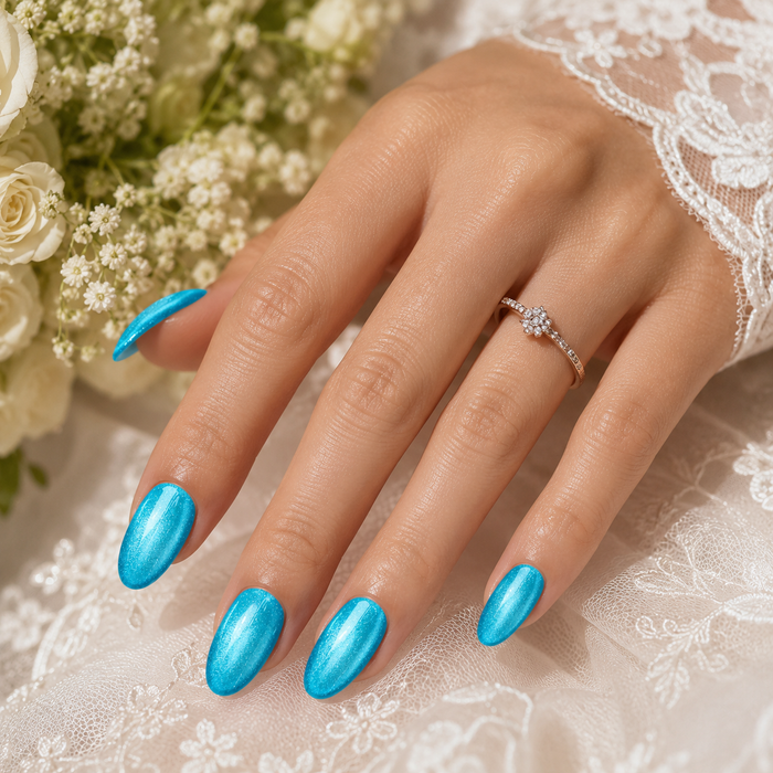Bright Blue Cat Eye Press On Nails | Handmade Reusable Almond Nails by AMBERÉA