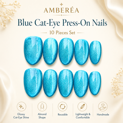 Bright Blue Cat Eye Press On Nails | Handmade Reusable Almond Nails by AMBERÉA