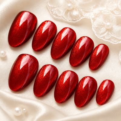 Ruby Red Cat-Eye Press-On Nails – Almond