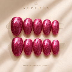 Fuchsia Glitter Cat Eye Press On Nails | Handmade Reusable Sparkle Almond Nails by AMBERÉA