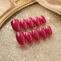Fuchsia Glitter Cat Eye Press On Nails | Handmade Reusable Sparkle Almond Nails by AMBERÉA