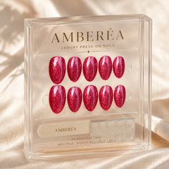 Fuchsia Glitter Cat Eye Press On Nails | Handmade Reusable Sparkle Almond Nails by AMBERÉA