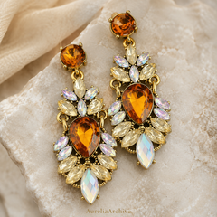 Vintage Amber Crystal Drop Earrings | Gold Statement Jewelry for Women