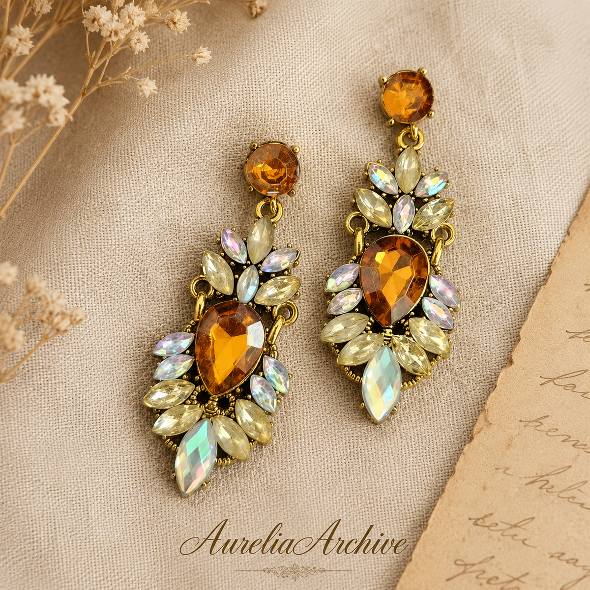 Vintage Amber Crystal Drop Earrings | Gold Statement Jewelry for Women