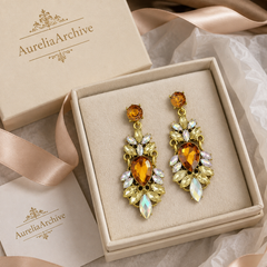 Vintage Amber Crystal Drop Earrings | Gold Statement Jewelry for Women