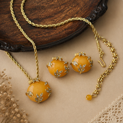 Golden Amber Gemstone Necklace Set | Vintage Gold Jewelry & Earrings