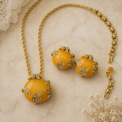 Golden Amber Gemstone Necklace Set | Vintage Gold Jewelry & Earrings