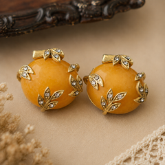 Golden Amber Gemstone Necklace Set | Vintage Gold Jewelry & Earrings