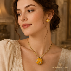 Golden Amber Gemstone Necklace Set | Vintage Gold Jewelry & Earrings