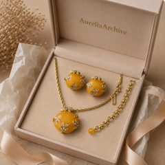 Golden Amber Gemstone Necklace Set | Vintage Gold Jewelry & Earrings