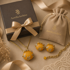 Golden Amber Gemstone Necklace Set | Vintage Gold Jewelry & Earrings