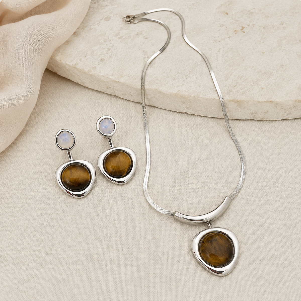 Natural Tiger Eye Necklace & Earrings Set | Minimalist Gemstone Jewelry